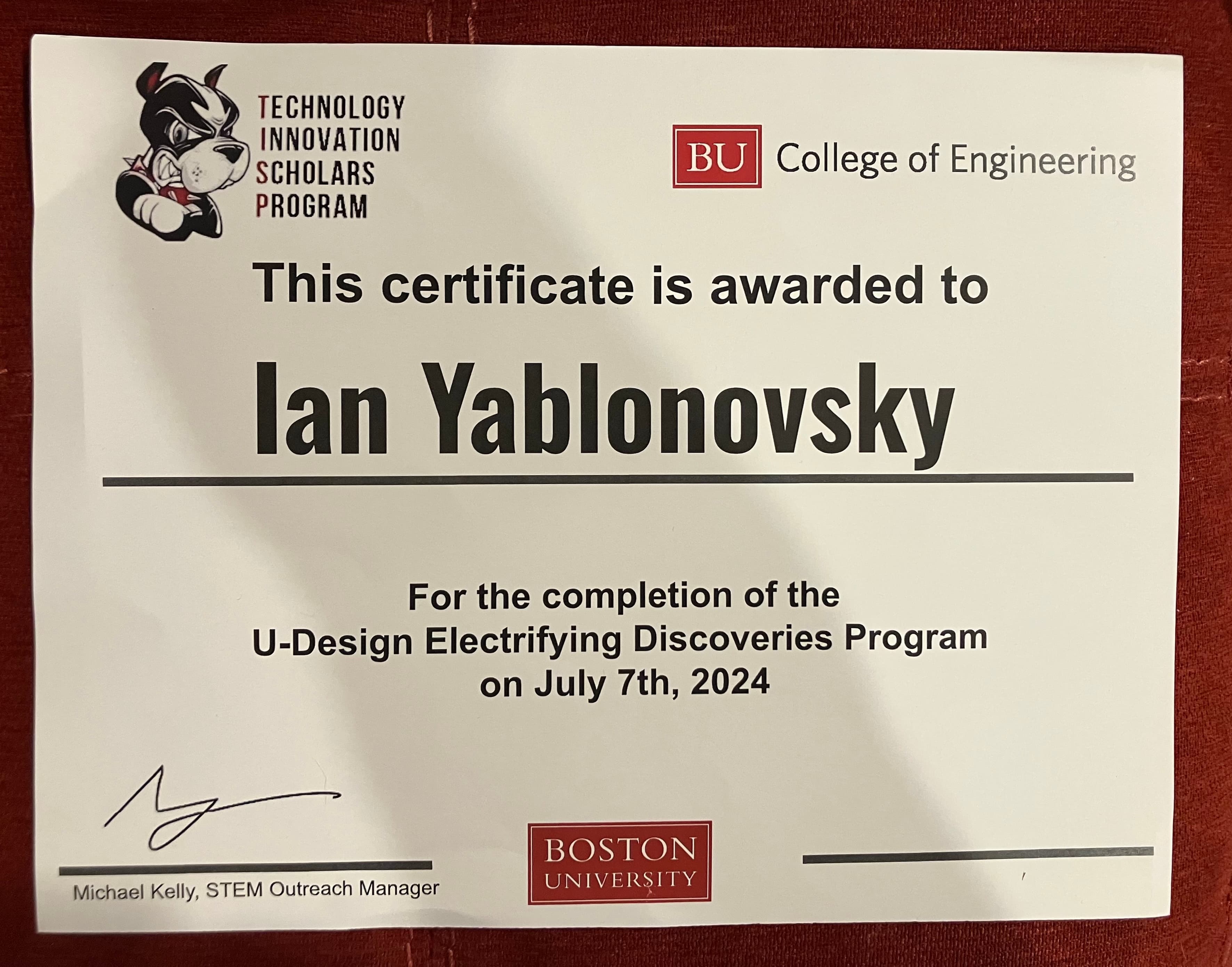 BU U-Design Program Certificate