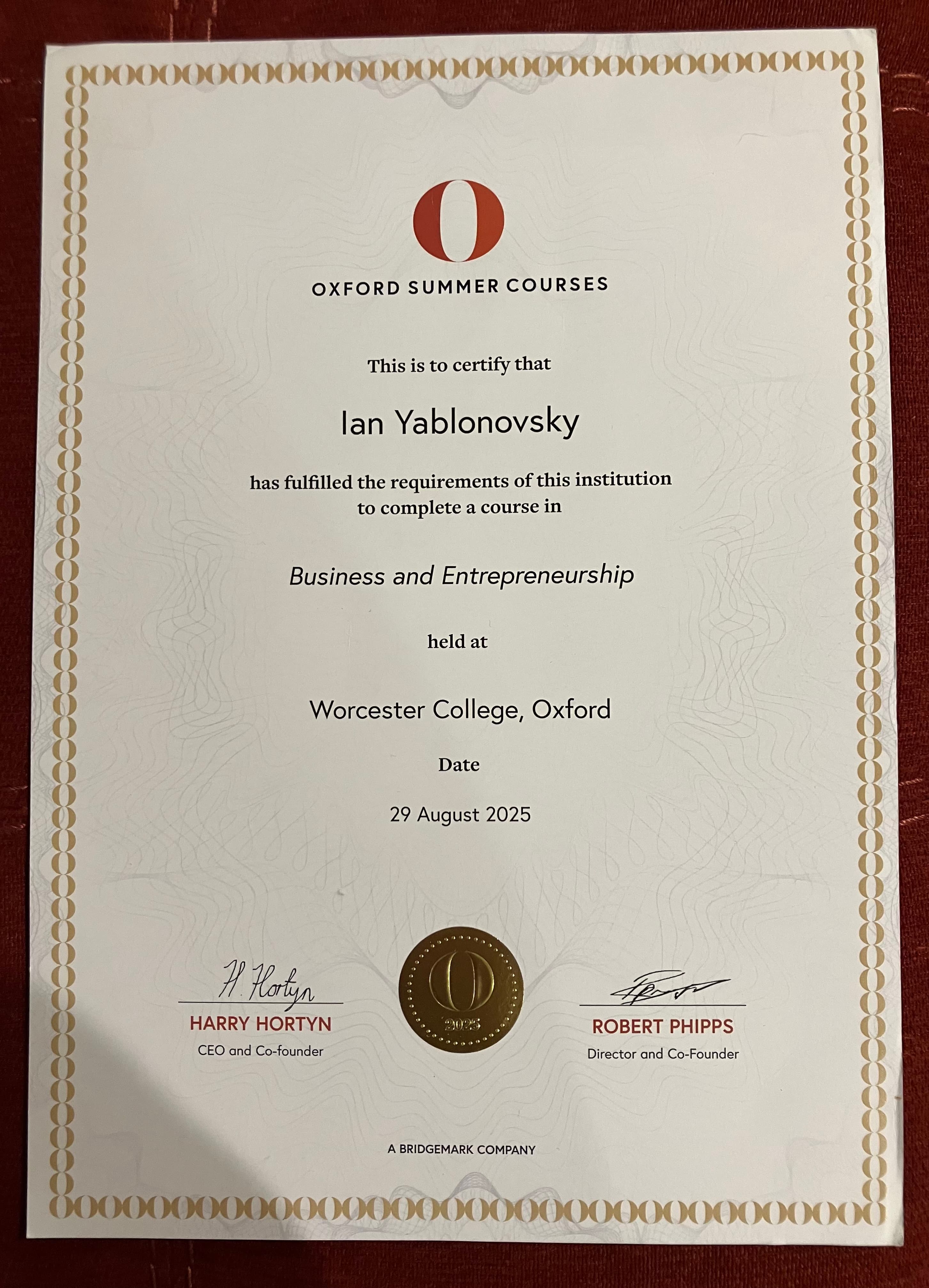 Oxford Summer Courses Certificate